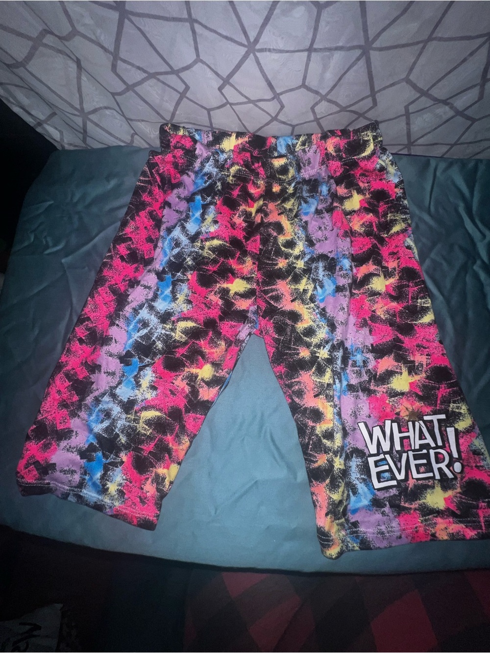 Colorful 'WHAT EVER!' Graphic Shorts for girls. Size 14/16